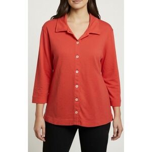 Fresh Produce Women Coral Orange 3/4 Sleeve Button Down French Terry Shirt XL
